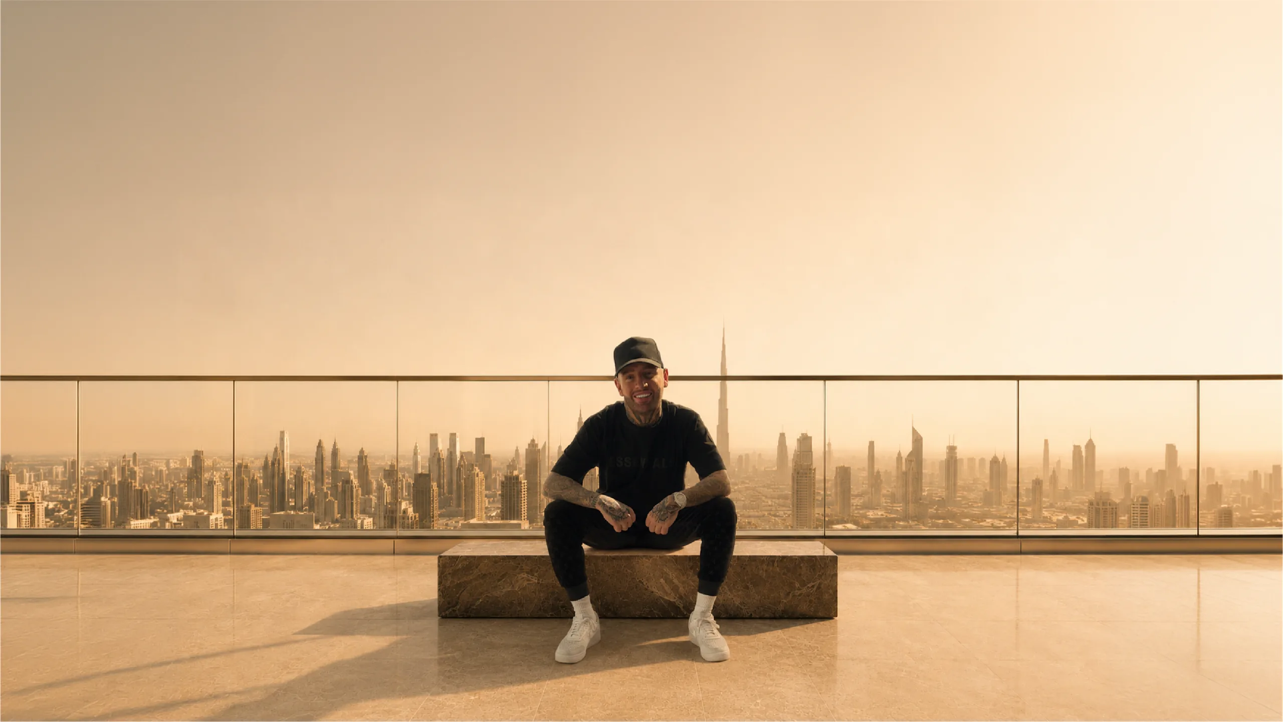 Jimmy Bennett overlooking the Dubai skyline